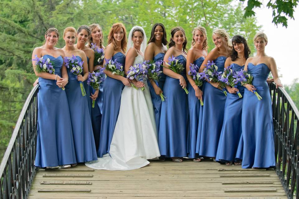 Bridesmaids formal portrait at Elm Park footbridge in Worcester. ©2018 Fort Point Media LLC, All Rights Reserved.