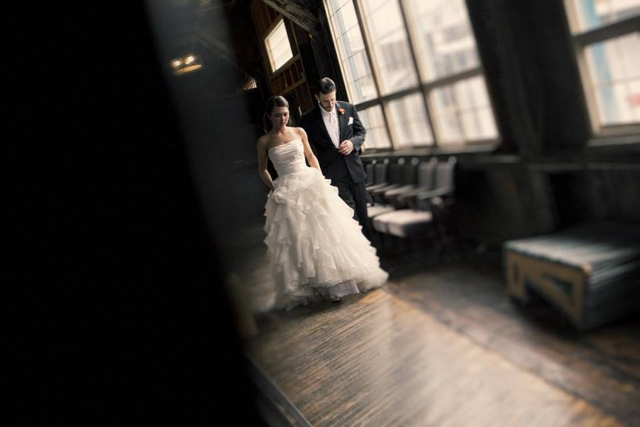 A bride and groom walking