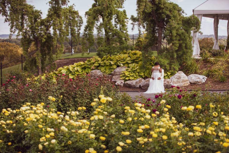 Bride and groom in the garden