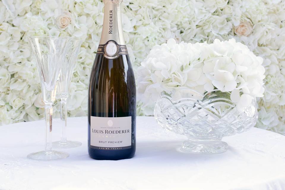 White floral backdrop and drinks