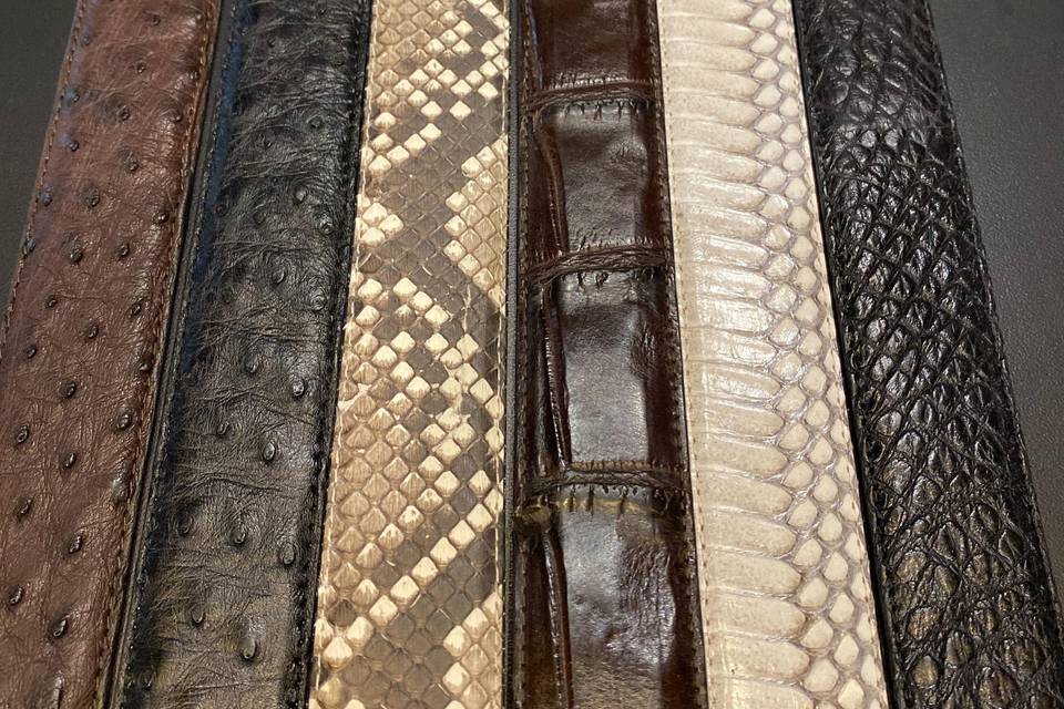 A variety of animal skin belts