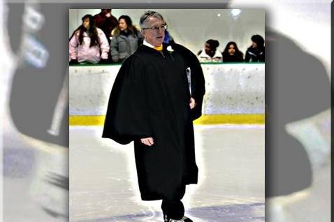 Judge Cass feels that it is important to personalize your own wedding to fit your style.  Here he is skating over to perform a hockey themed ceremony.