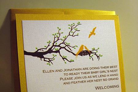 Sweet baby shower invitation with original nesting bird family graphic.