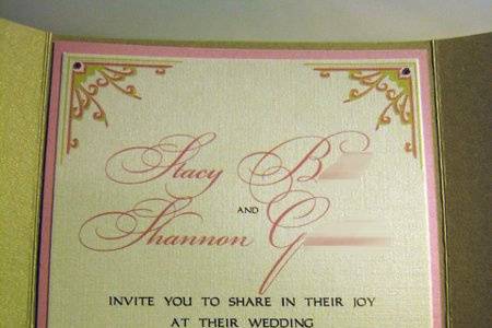 Invitation panel for metallic gatefold, with five crystal embellishments.