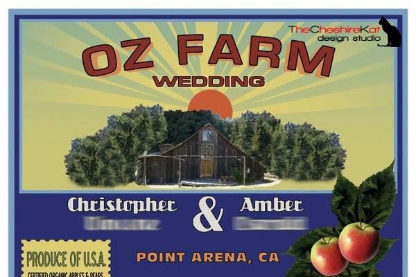 Custom wedding save-the-date design inspired by vintage fruit labels.  Includes a custom illustration of the couple's venue.