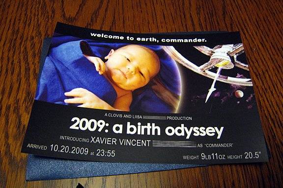 Custom science-fiction-movie themed birth announcement.