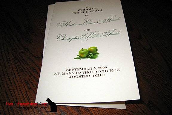 Catholic ceremony program for apple-themed wedding.