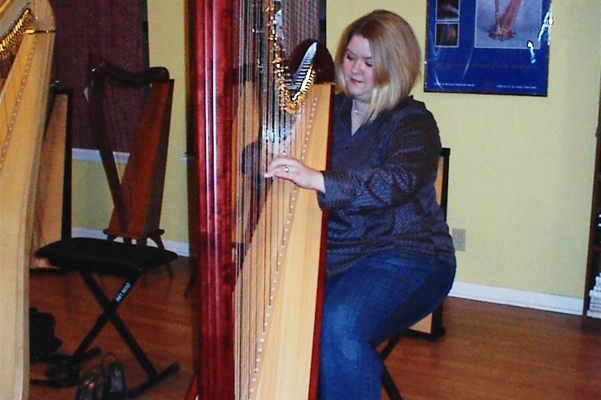 Trying out harps at Melody's Traditional Music in Houston