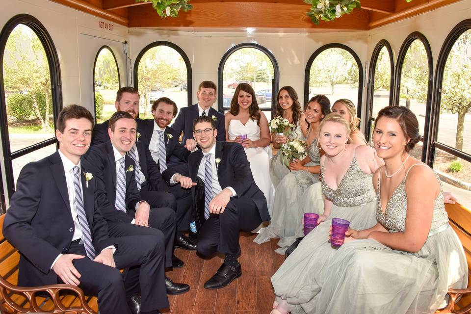 Bridal party on a trolly