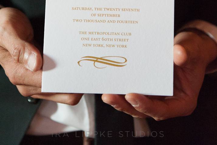 Foldover wedding program. The Metropolitan Club. Photo credit to Ira Lippke Studios.