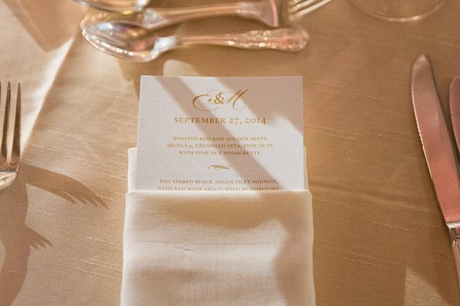 Menu card for Metropolitan Club Wedding. Photo credit to Ira Lippke Studios