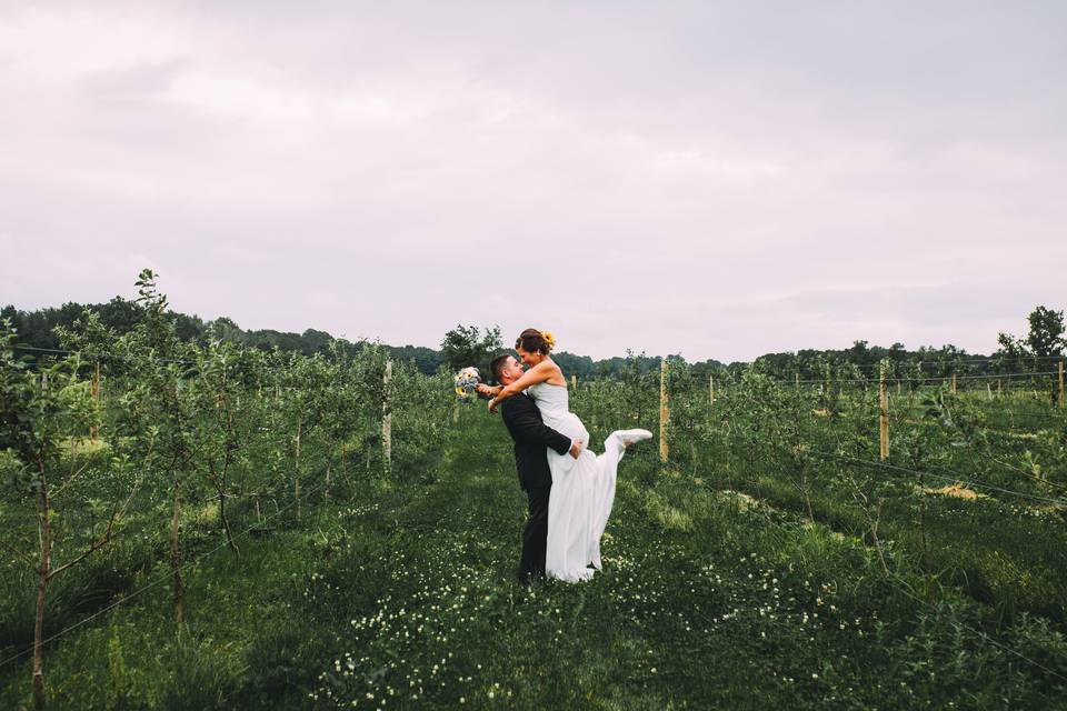 Groom lifting and kissing his bride