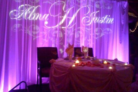 Sweetheart table and monogram projection