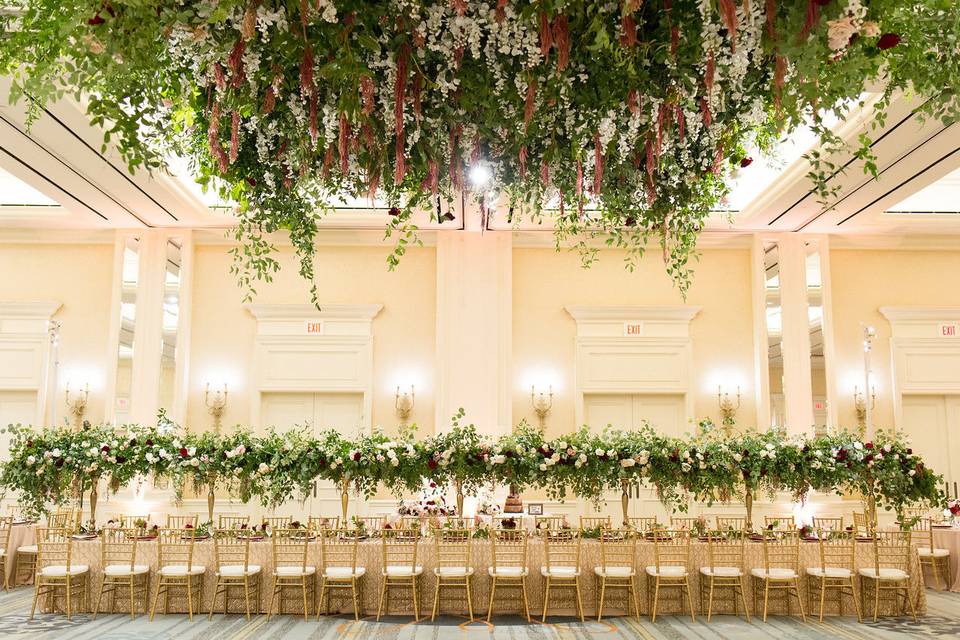 Floral ceiling and table decor