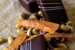 Pistachio Toffee Orange: Semi-sweet chocolate ganache mixed with pistachio toffee, dipped in dark chocolate.