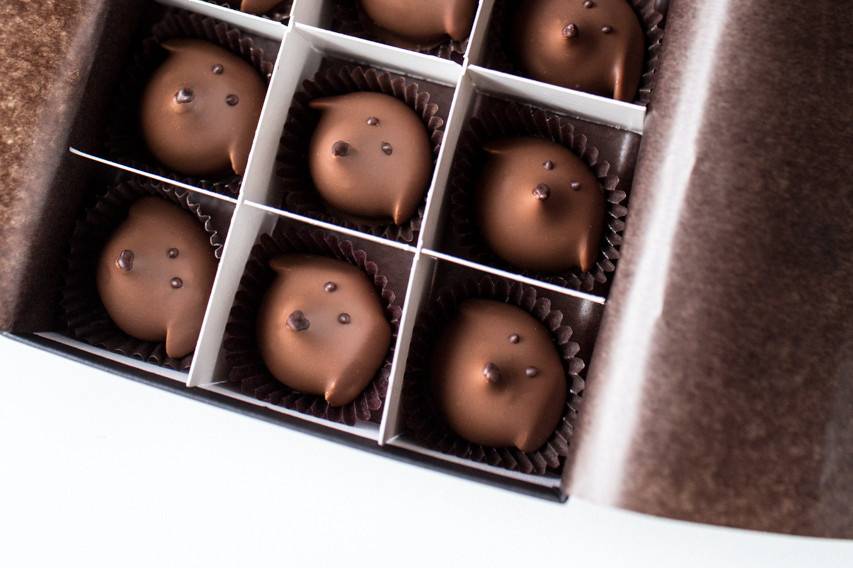 Perfect for flower girl or ring bearer, our Chocolate Pups made from premium milk chocolate and Virginia artisan peanut butter, then decorated with a dark chocolate face and toasted almond ears.
