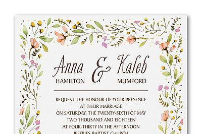 Delightful posies play around the borders of this award-winning wedding invitation design.