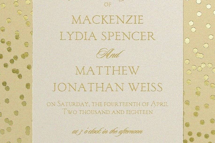 Go glam with this gold bordered, foil-stamped wedding invitation.