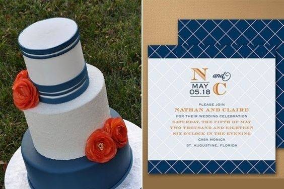 The modern wedding invitation perfectly accompanies the clean lines of the wedding cake.