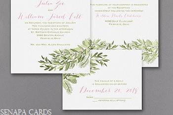 Winter wedding invitation featuring accents of holly leaves.