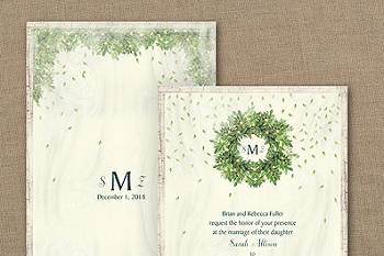 Winter wedding invitation with your monogram framed by a carefree wreath.  All is printed on a background with watercolor effect.