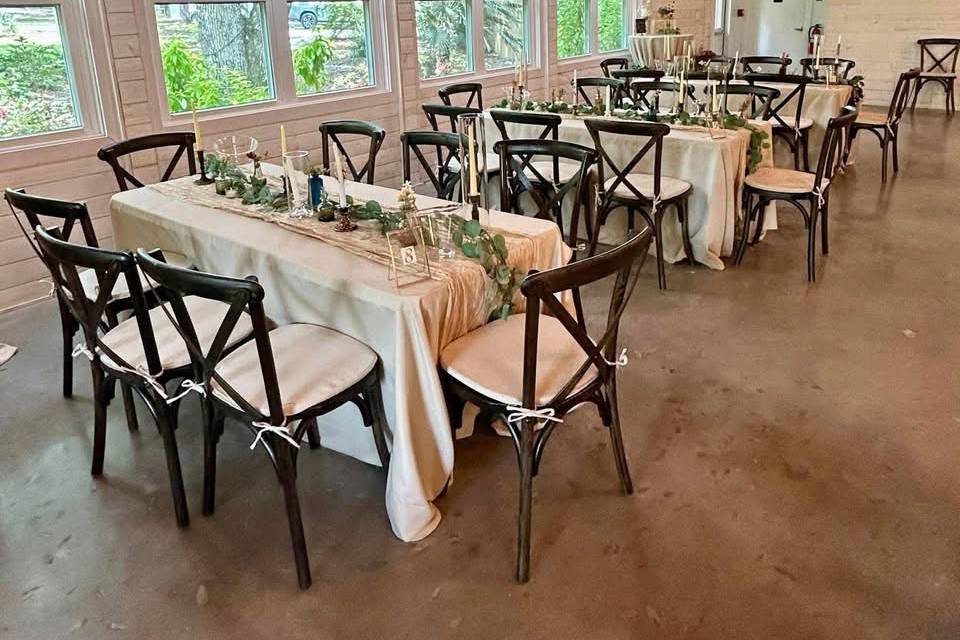 Cross Back Chairs + 6’ Tables