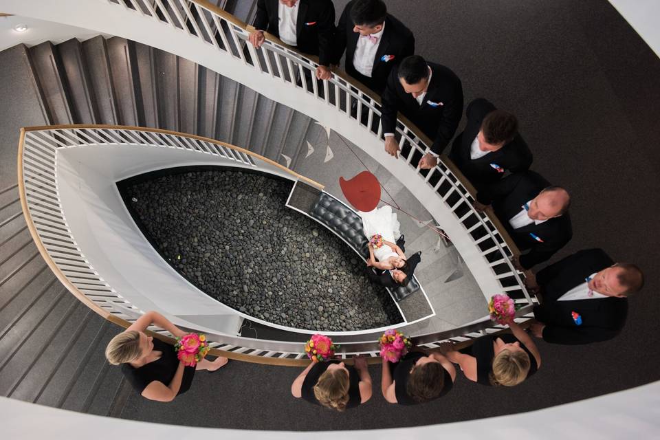 Wedding party by the stairs | Photo Credit: Andrew Stott Photography