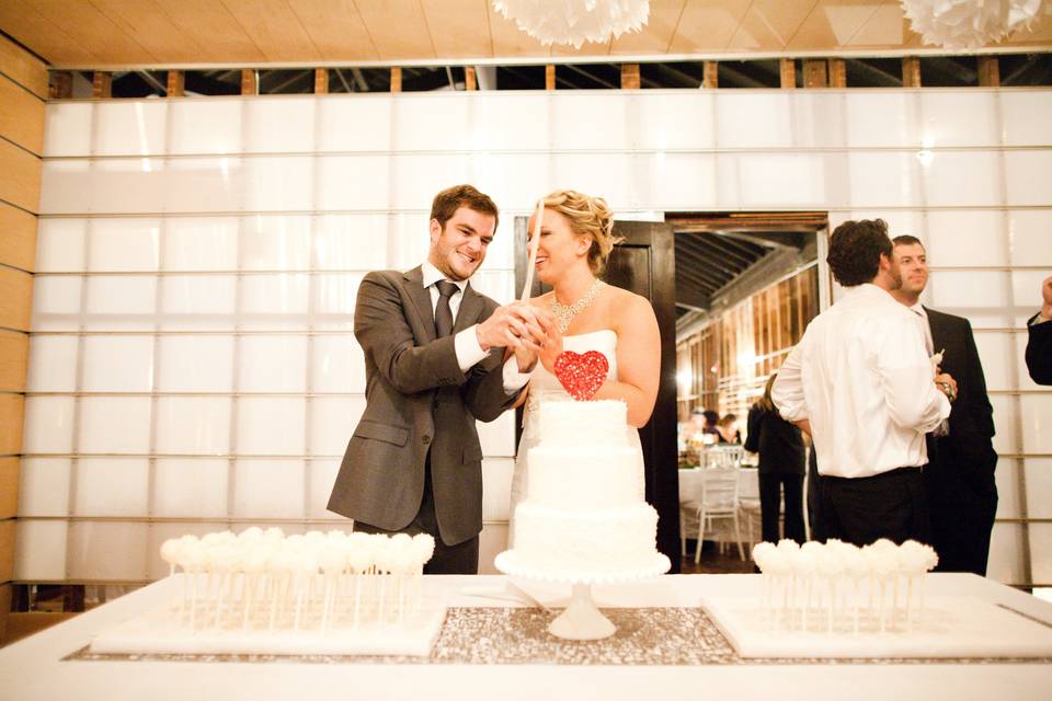 Newlyweds and their wedding cake