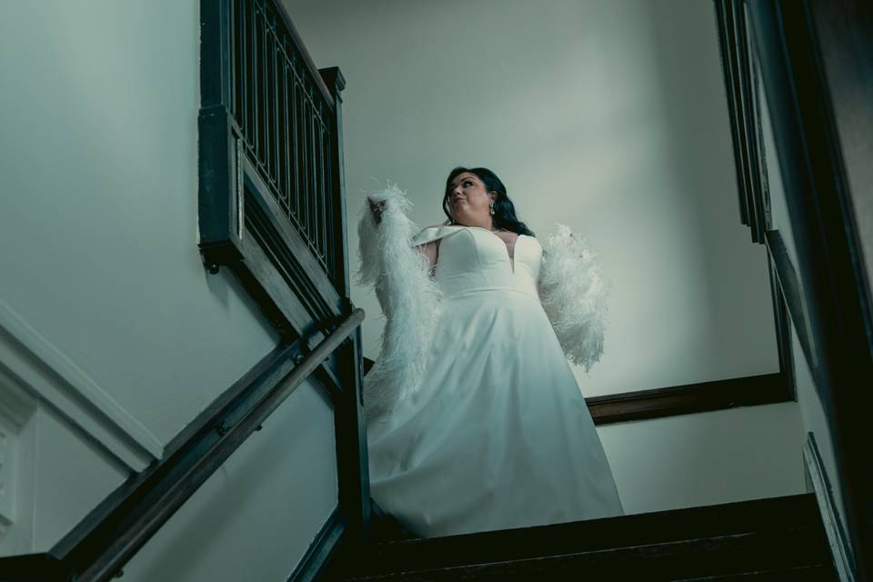 Bride atop staircase