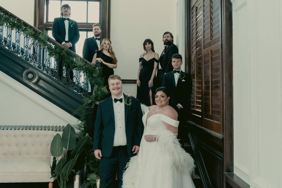 Wedding Party posing on stairs