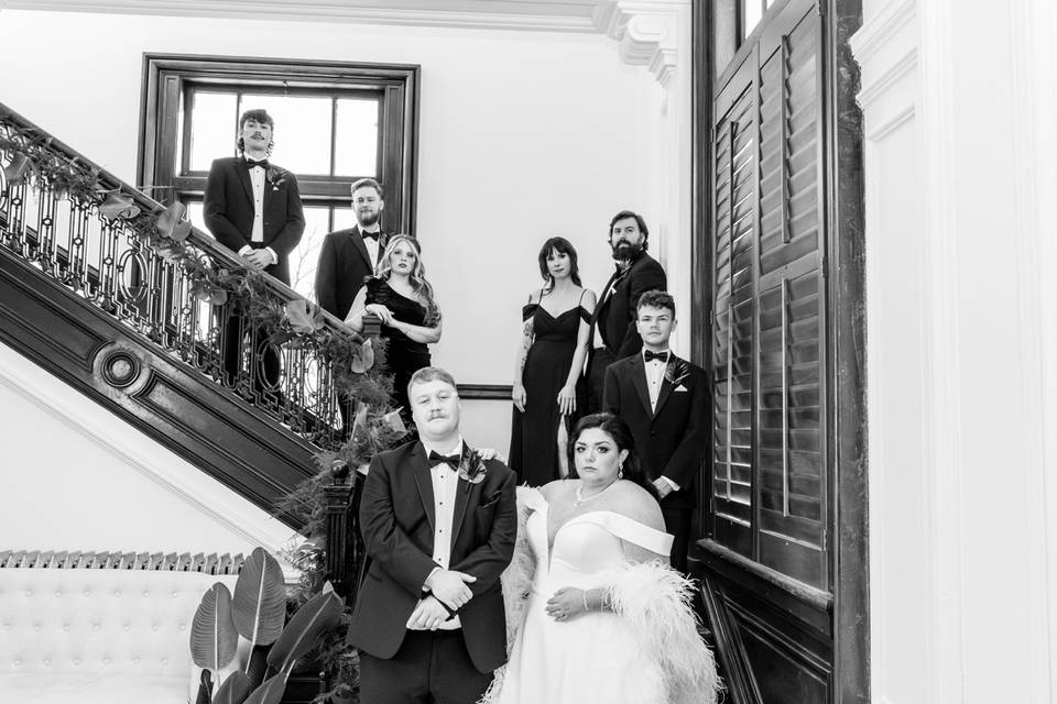 Wedding party on staircase