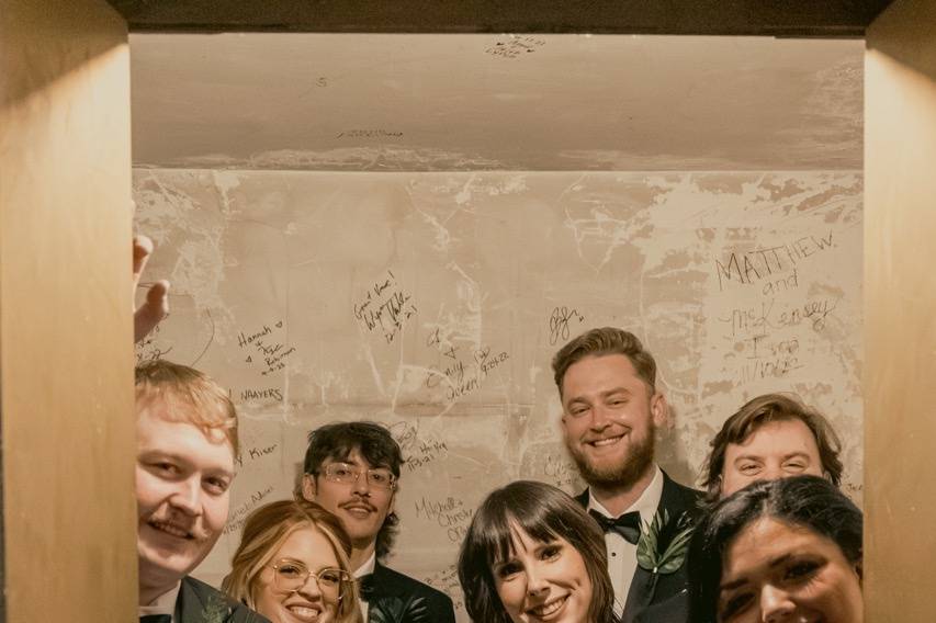 Wedding party in bank vault