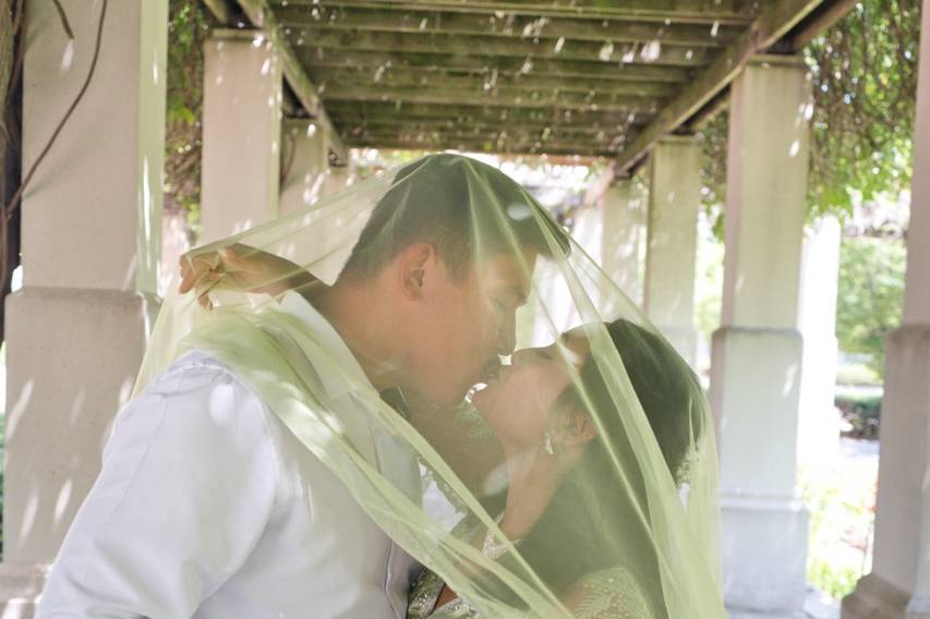 Couple kiss under scarf