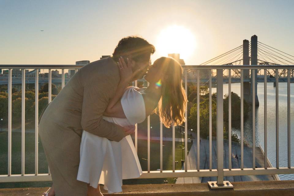Sunset kiss on bridge