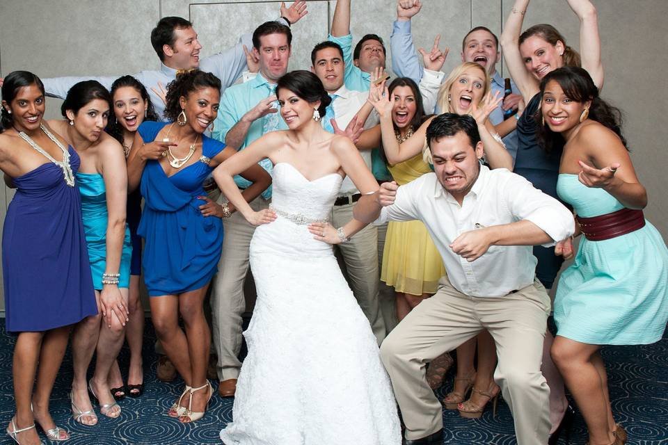 DJ Buddy gets in on the action with the bride and all the girls for a group shot at Royal Fiesta of Deerfield Beach!!  Let's Party!!!