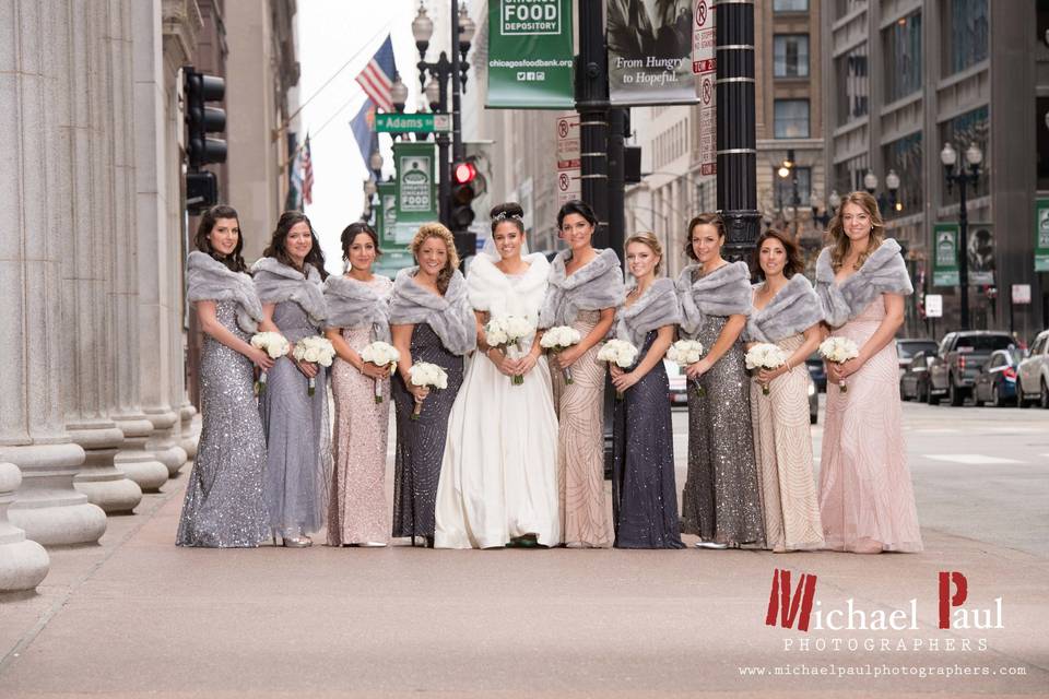 Bridal bouquet and bridesmaids' bouquets designed by L.A. Flowers, Inc. Lowes Chicago Hotel WeddingPhoto taken by Michael Saukstelis of Michael Paul Photographershttp://www.michaelpaulphotographers
