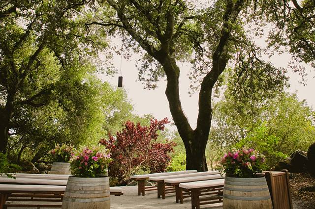 Outdoor wedding reception on patio