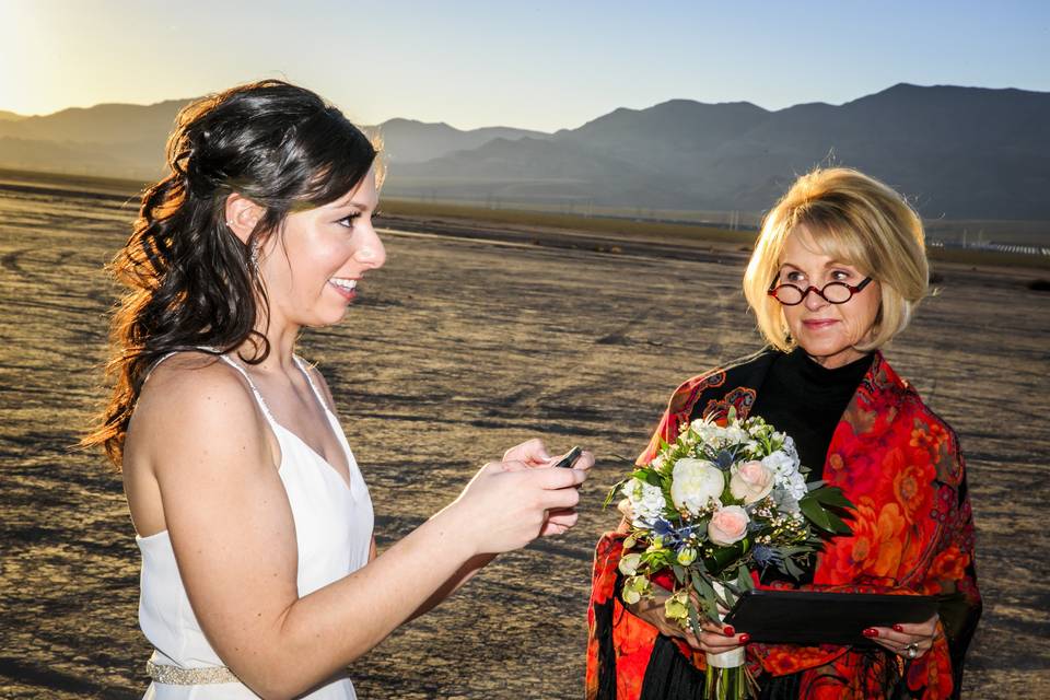 This beautiful wedding was held at Cascada Golf Club in Boulder City, NV  with Judy Irving / Wedding Vows Las Vegas officiating. Photo by J.Anne Photography and coordinator Scheme Events