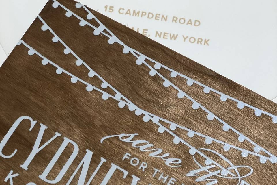 Foil on wood Save the Date