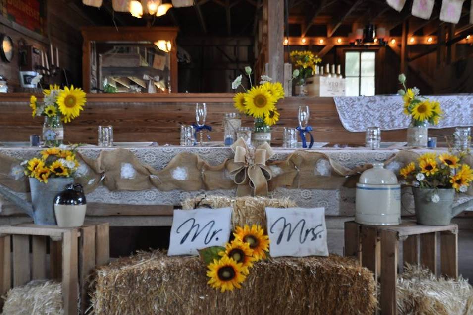Country decorations borrowed from the bridal closet save brides with additional expenses.  Weekend packages include use of lace, burlap, mason jars, unique signs and windows, haybales, flowers and so much more.
