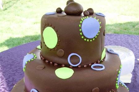 chocolate fondant covered cake, with fun circles and dots