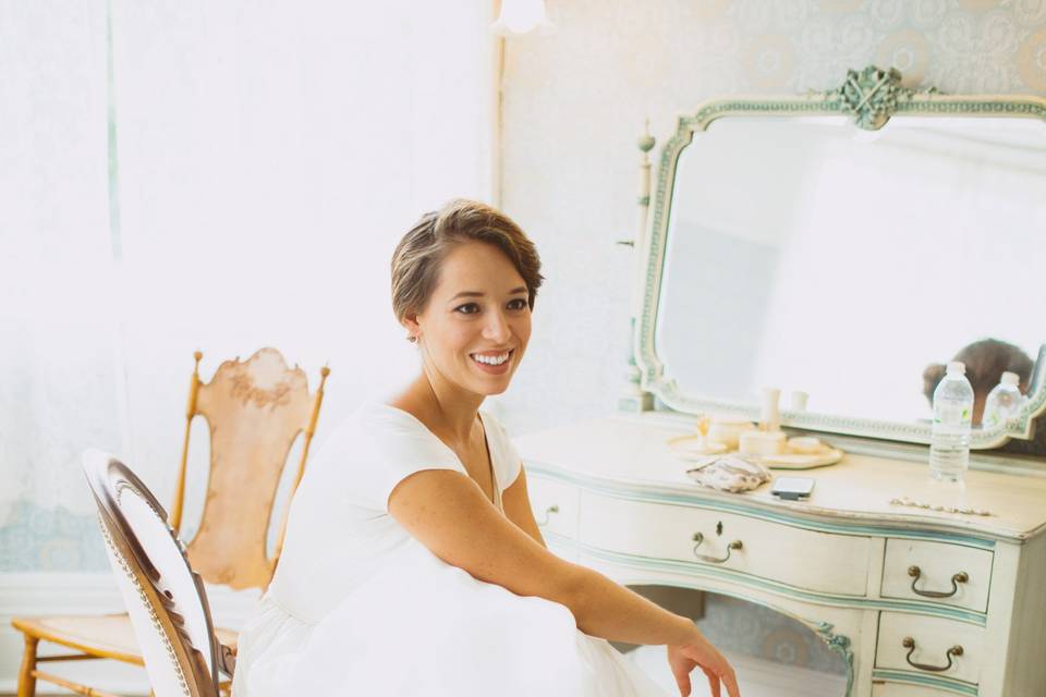 Dress in the bride's room with beautiful lighting.