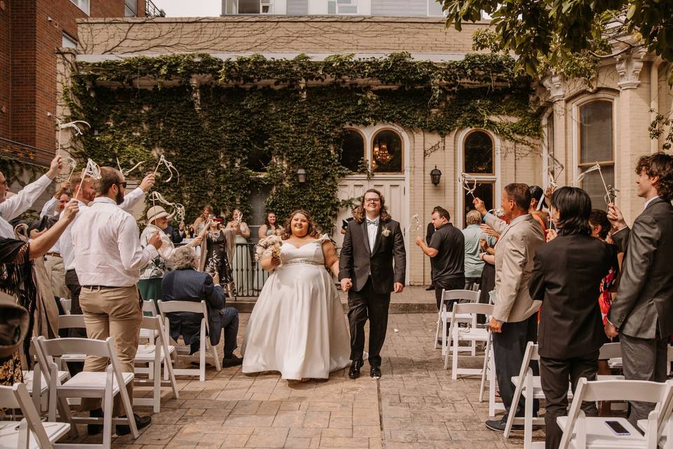 Just married couple walking