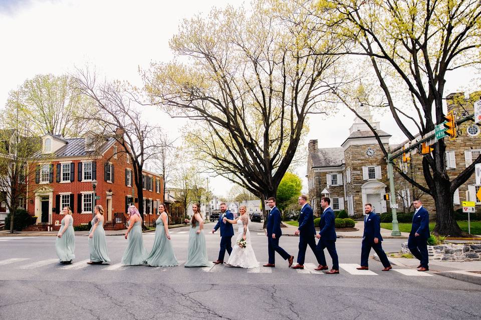 Wedding party walk downtown