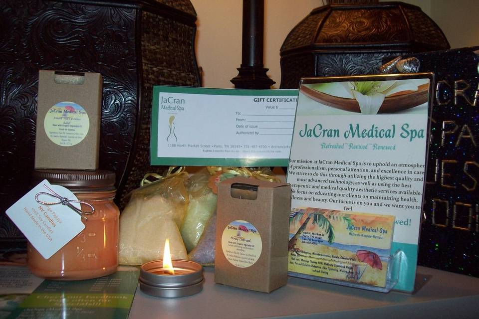 We sell organic soaps for sensitive skin, bath salts, candles.  We have gift certificates available for purchase.