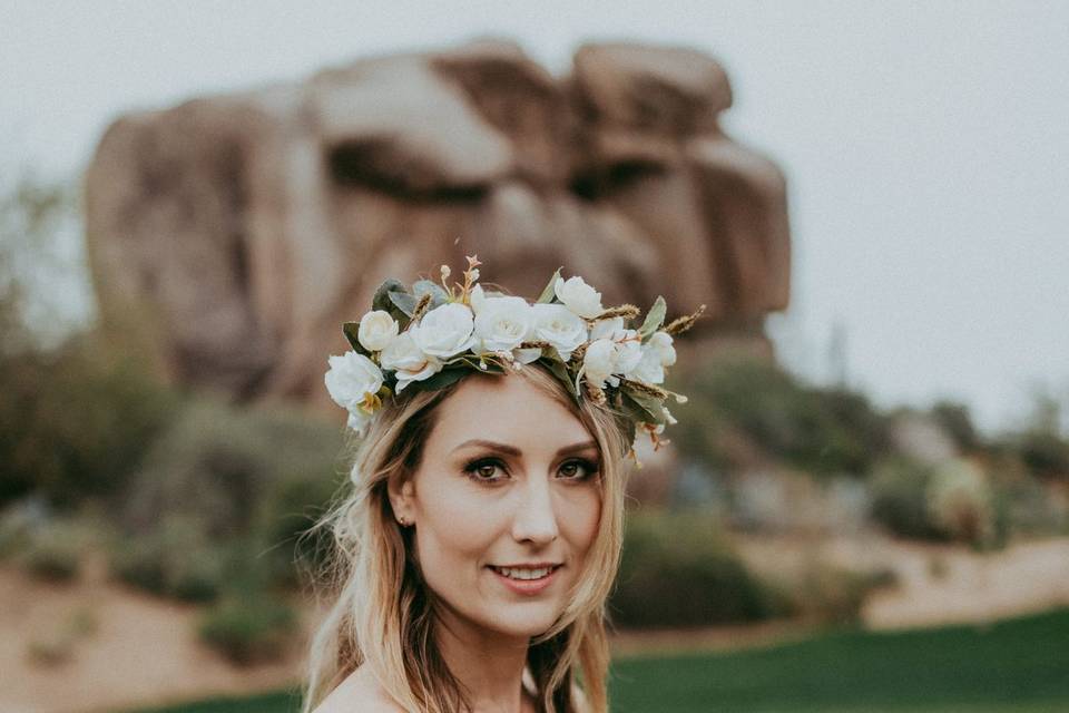 Bride with succulent-themed bouquet