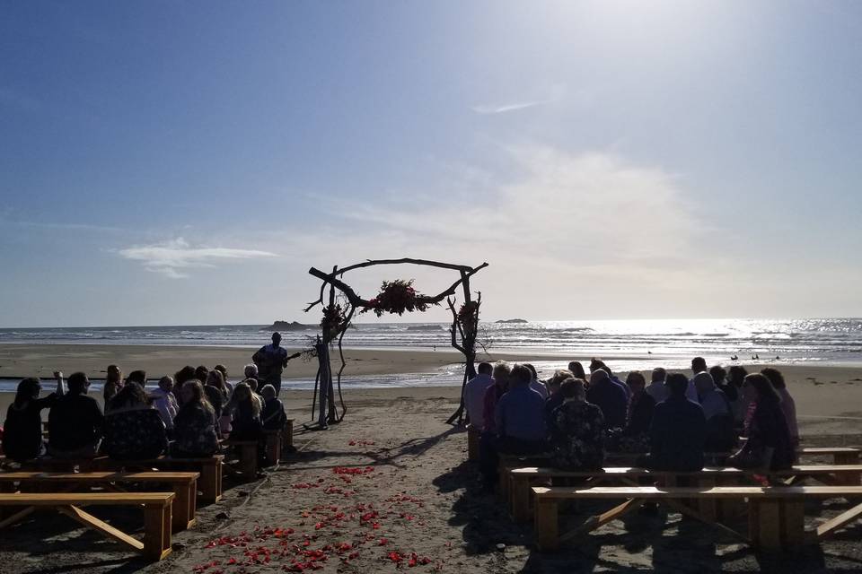 Benches and beach wedding