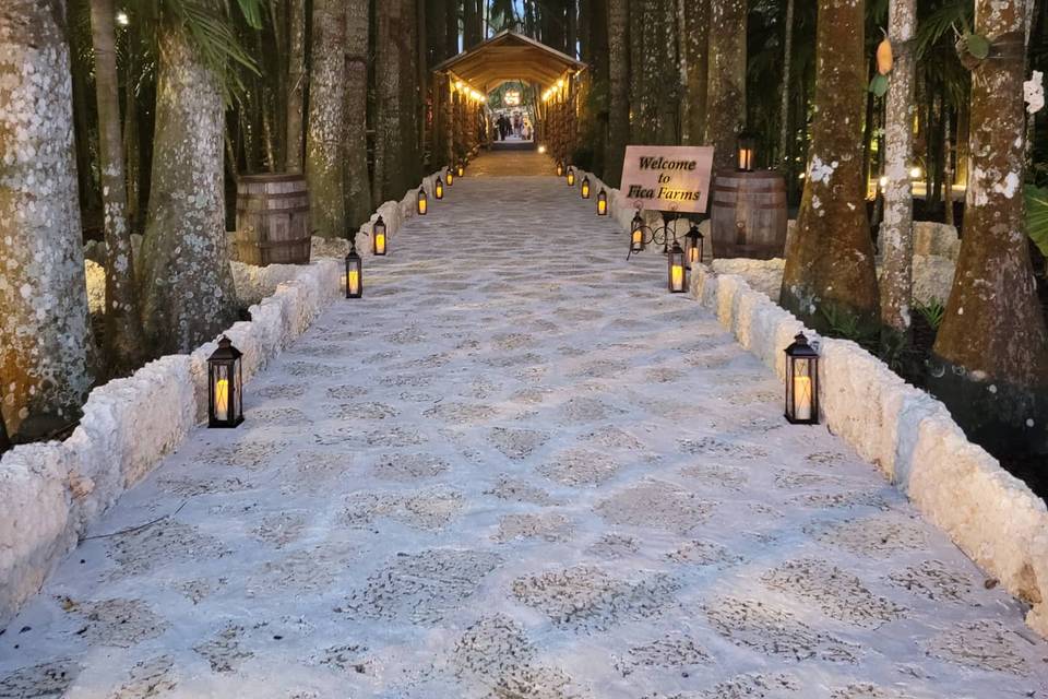 Warmly lit outdoor event space