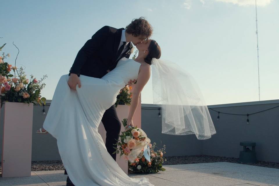 Bride and Groom Dip and Kiss