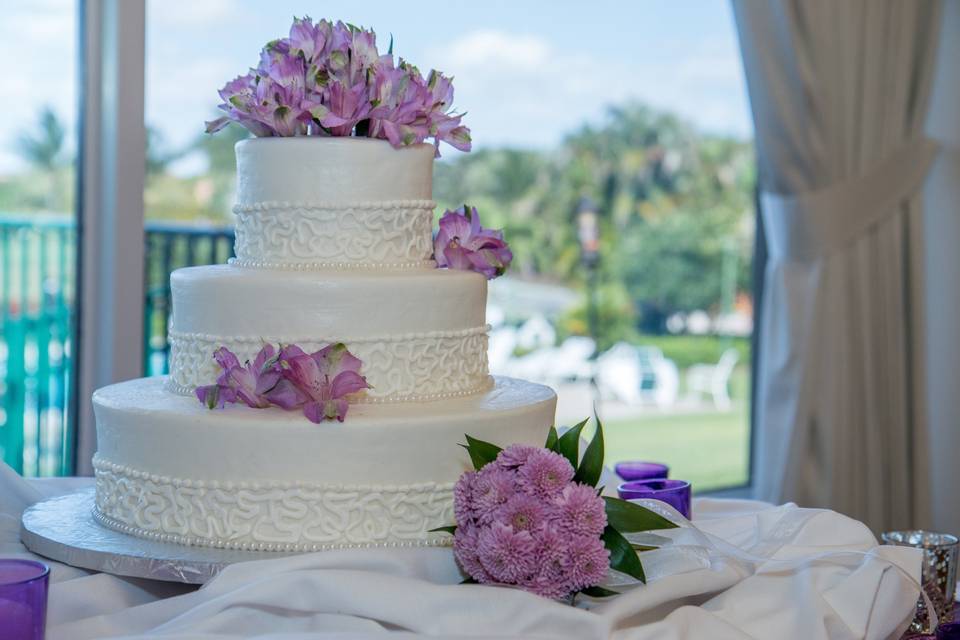 Three Tiered Wedding Cake with Lavender Flowers